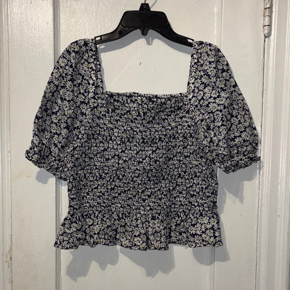 J. Crew Navy and White Floral Smocked Blouse